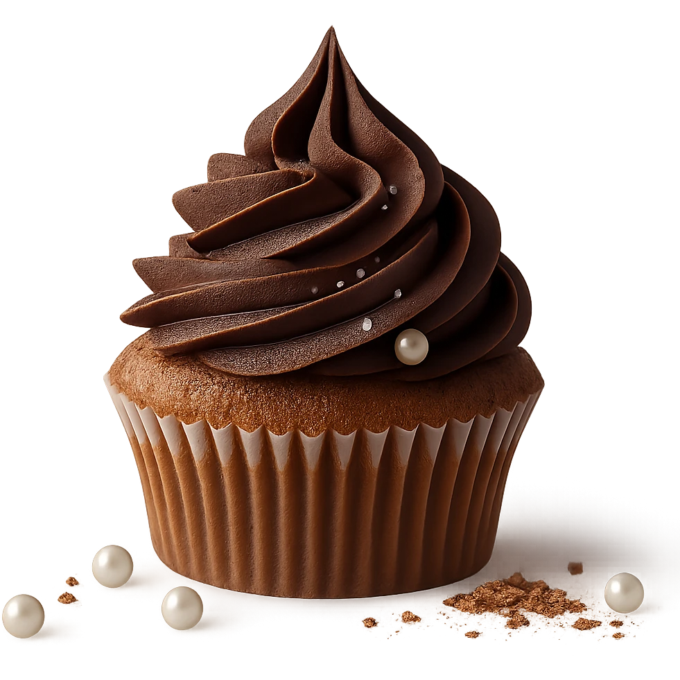 Change the icing to chocolate while keeping the realistic cupcake and accessories in a photorealistic style. Maintain transparent background. emoji
