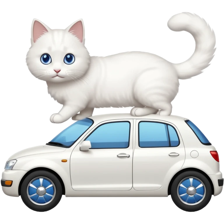 Please create a small emoji the size of 🚗 featuring a pure white cat with stubby tail with blue eyes on a white saloon car viewed from side. Again it is necessary that the emoji must be extremely small, much smaller than a standard sized sticker. emoji