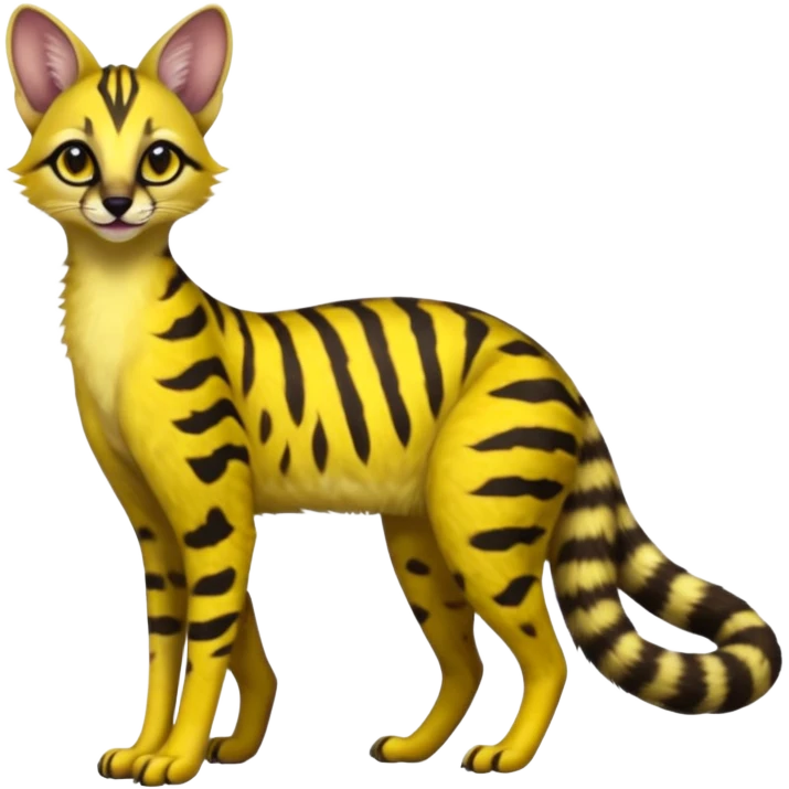 Lanky slender beautiful elegant hype-realistic, black-maned, vibrant yellow Genet-Serval-Civet-fusion-hybrid-furry-fursona, full body emoji