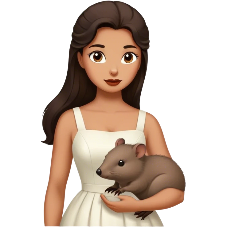 Beautiful woman in 1950’s woman fashion look, white dress, long dark brown hair, wombat emoji