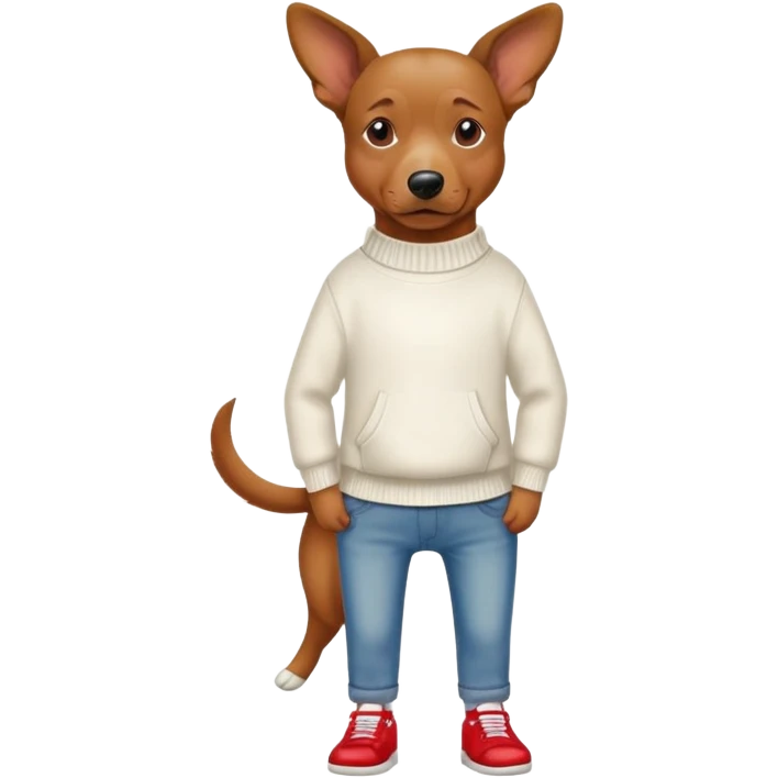 a brown dog standing up with hands in jean pockets wearing a white hoodless sweater and red shoes. emoji
