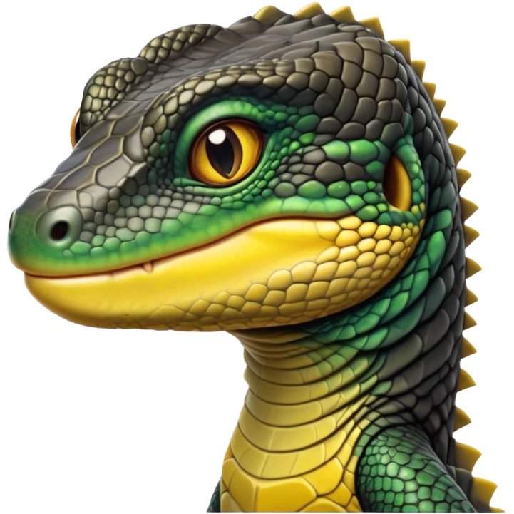 cinematic-realistic-cute-monitor-lizard-portrait-emoji,-head-tilted-playfully-and-inquisitively,-featuring-a-compact,-agile-body-with-finely-detailed,-glossy-scales-in-earthy-black and yellow-hues-and-a-distinct,-alert-face-with-bright,-curious-eyes, black , yellow spotted and green band  scales and a slender neck emoji