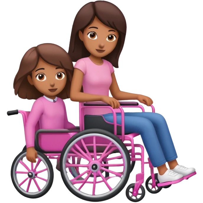 One tan skin sister pushing her brown skin sister in a pink wheelchair emoji