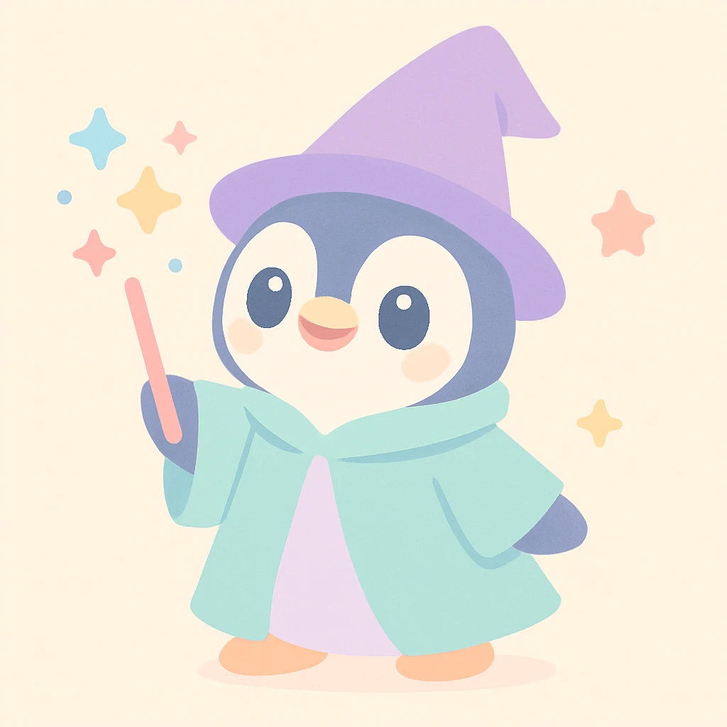 penguin wizard casting a spell with sparkles, wearing a whimsical robe, cute style emoji