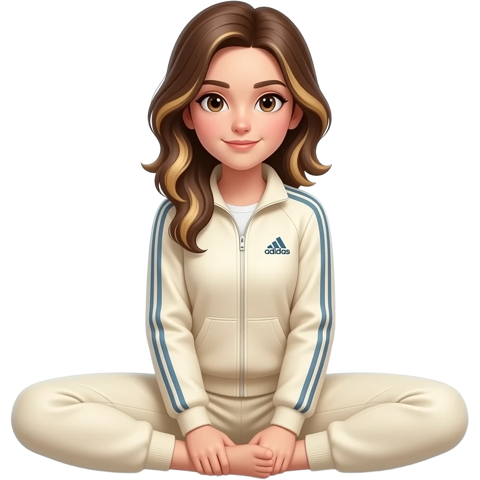 brown hair with blonde highlights, hair parted to one side, thin long face, mid length hair, cream adidas track suit, doing the split in a gif moving emoji