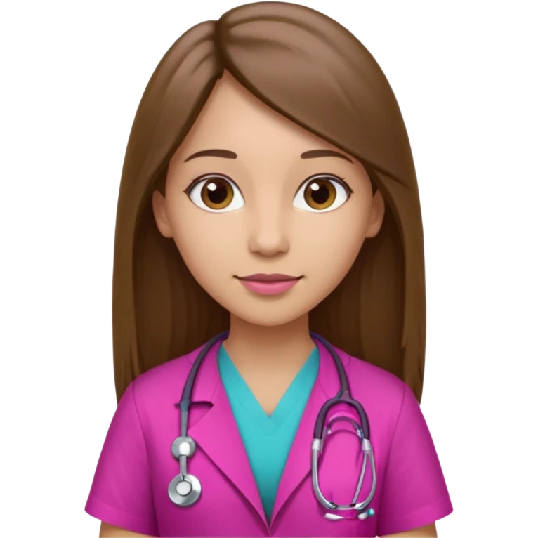Médica de cabelos longos castanhos lisos com um estetoscópio rosa magenta. emoji