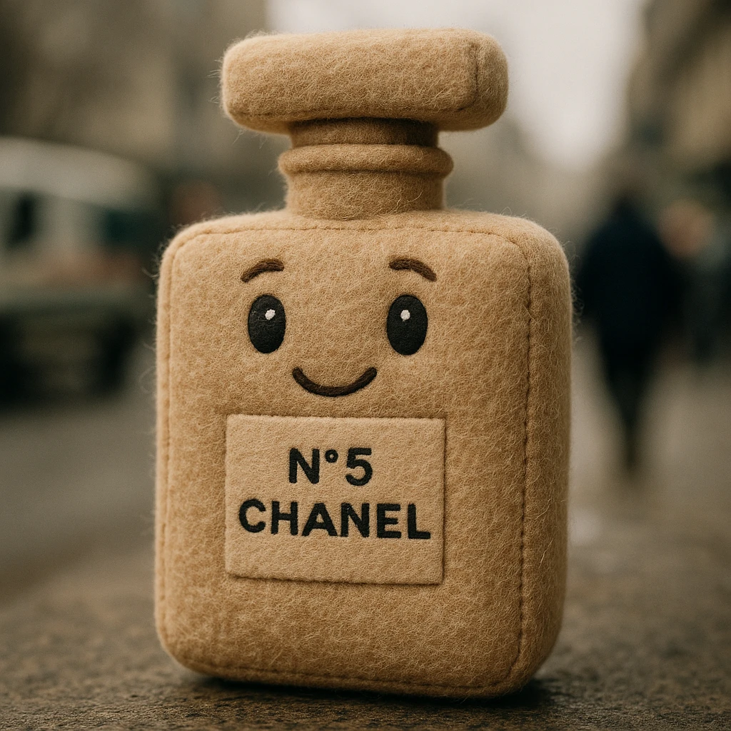 Chanel perfume bottle in plush toy style, soft fabric texture, cute details emoji