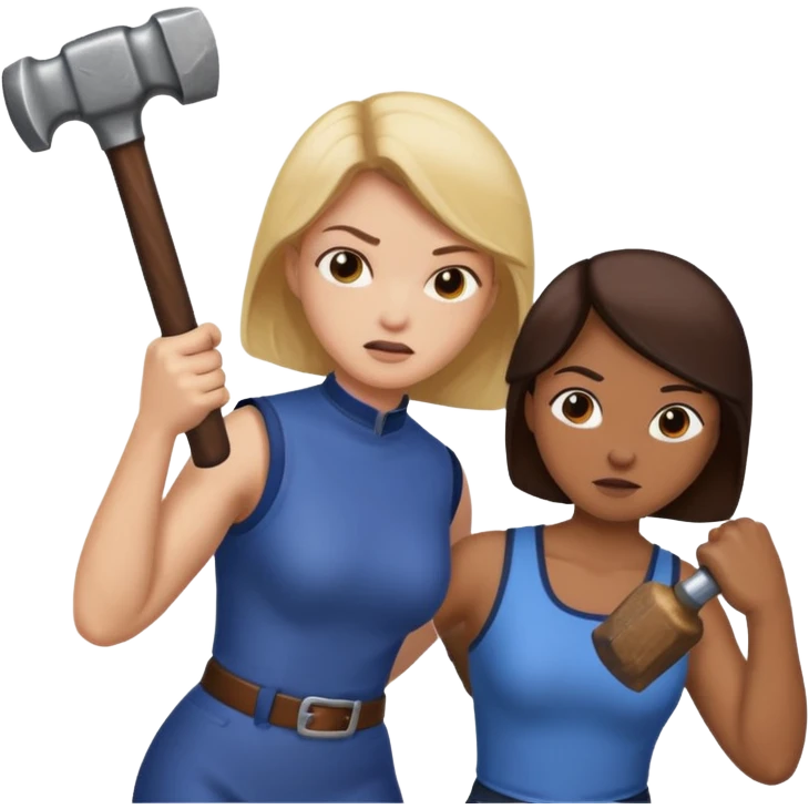woman fightng man with a hammer and winning emoji