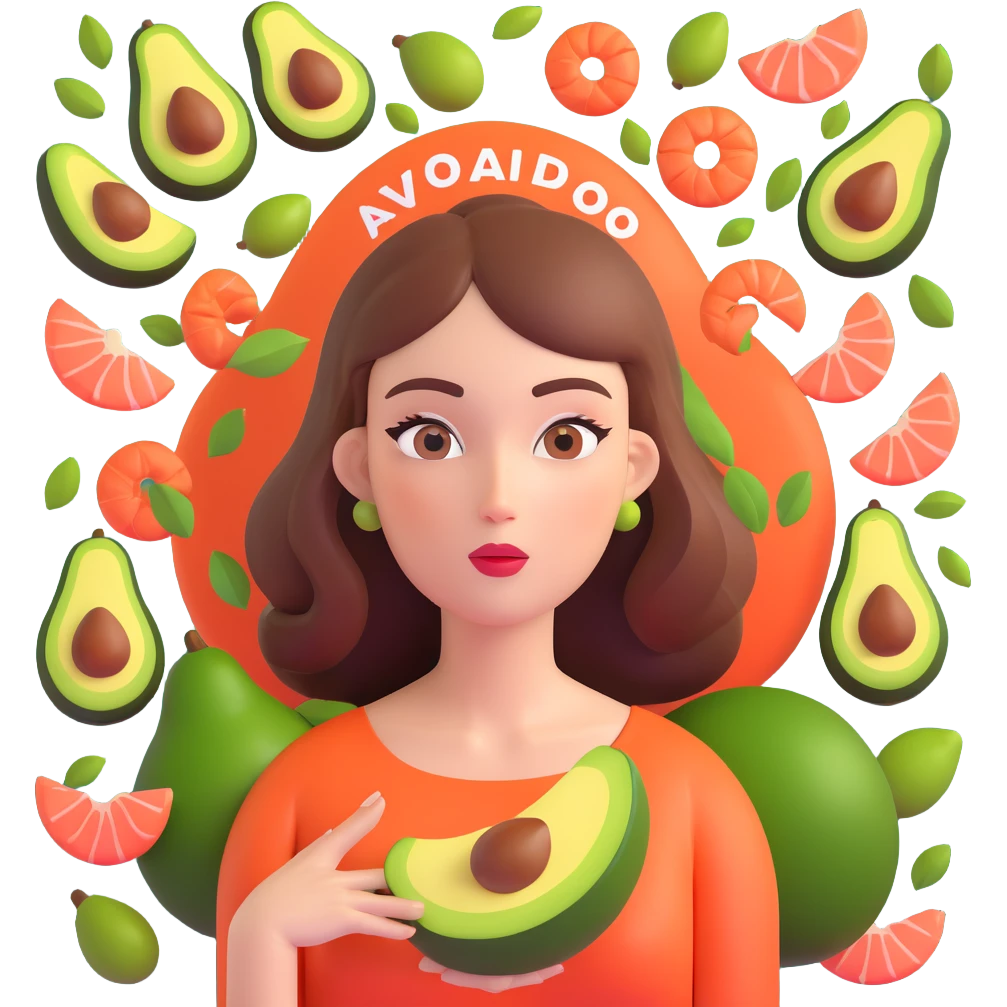 stylized confused woman with a question mark above her head, surrounded by floating icons of good fats: avocado, olive oil, nuts, salmon, modern style, vibrant colors, sharp details emoji