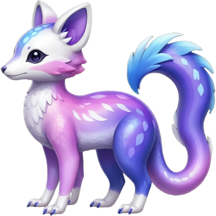  Shiny cute realistic iridescent glossy oily smooth silky soft White with indigo-Violet-purple-pinkish-gradient markings beautiful handsome gorgeous aesthetic colorful vibrant Vernid-Trico-species-Fakemon-creature by LiLaiRa, 4 legs, 1 tail, random markings, (full body) emoji