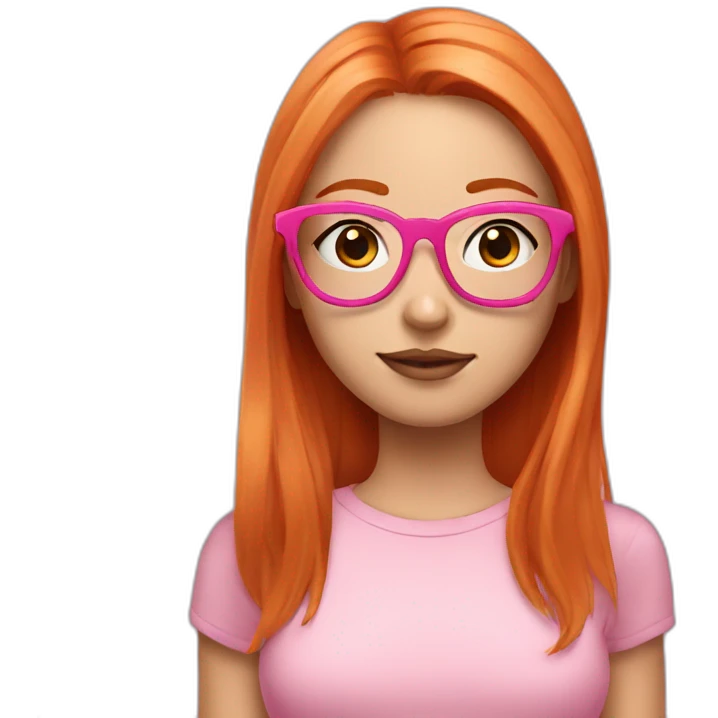 Ginger girl with makeup and pink glasses, shoulder length straight hair, middle part, wearing pink emoji