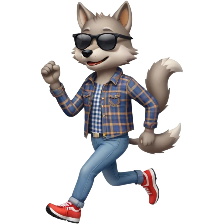 friendly anthropomorphised wolf in jeans and plaid shirt, wearing dark sunglasses, jogging upright in standard pose emoji