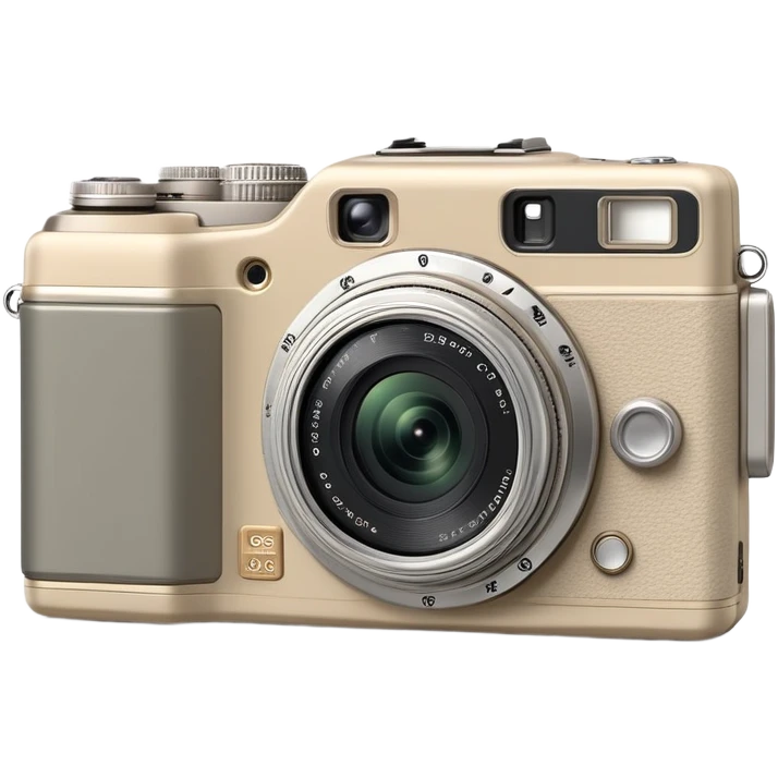 Olympus Superzoom 70G camera, grayish-beige color, accurate representation with correct proportions and silhouette, compact rectangular body with rounded edges, small viewfinder, built-in flash unit on top, lens with zoom functionality, exactly matching the real Olympus Superzoom 70G design emoji