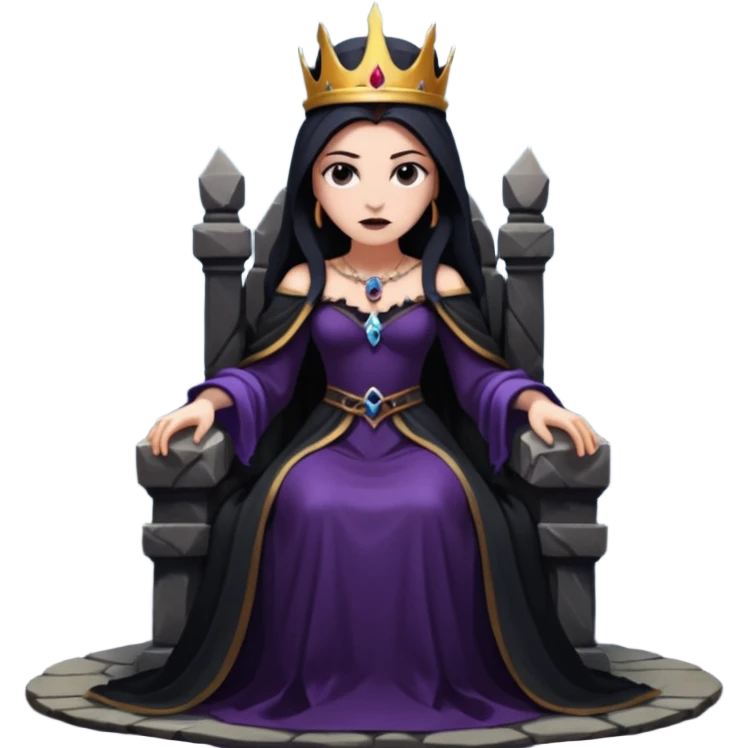 Dark queen seated on stone throne, relaxed dominance, heavy shadows, cold emoji