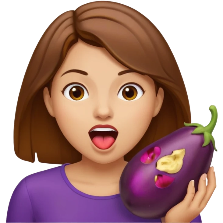 Brown hair light skin woman mouth open about to eat an eggplant emoji