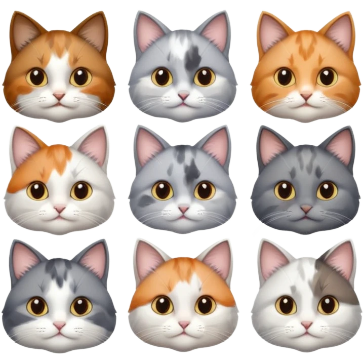 6 realistic looking cats with different natural coloured coats, assorted grey and white, greys, calico, brown and white colours etc
 emoji