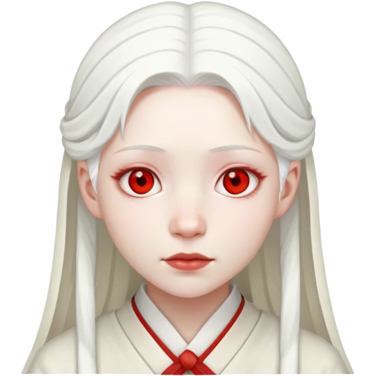 an albino shrine maiden, with white hair, red eyes and pale face emoji