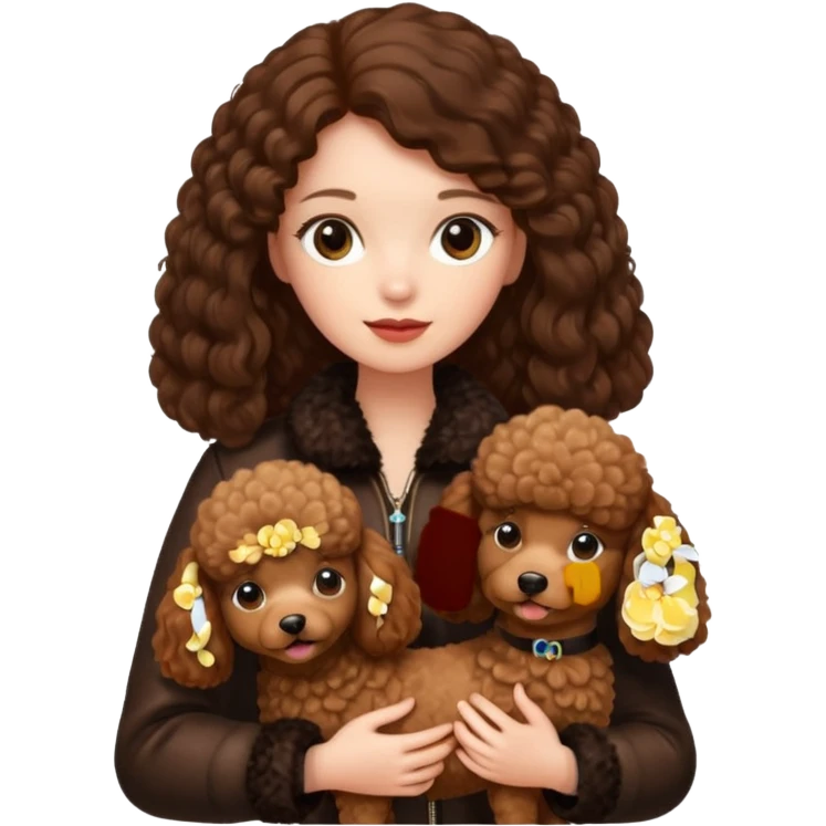 A girl who has long brown hair and wears a fur jacket holds a brown poodle emoji