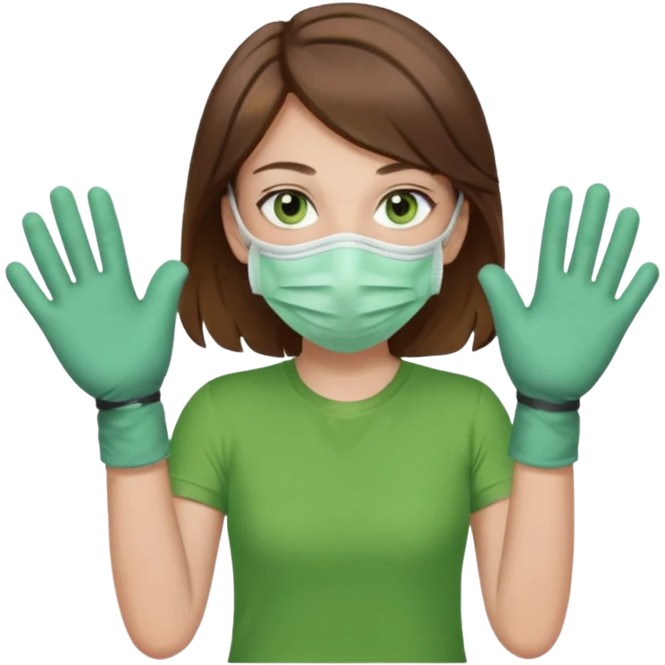 Humano de pelo marrón y ojos verdes, con un cubre boca, que tiene una camisa verde por encima de una remera blanca, y tiene un guante sin dedos en una sola de las manos emoji