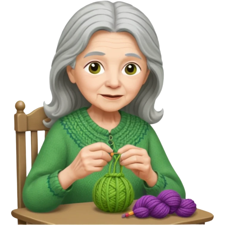 elderly women  working knitting in long hair green dress emoji