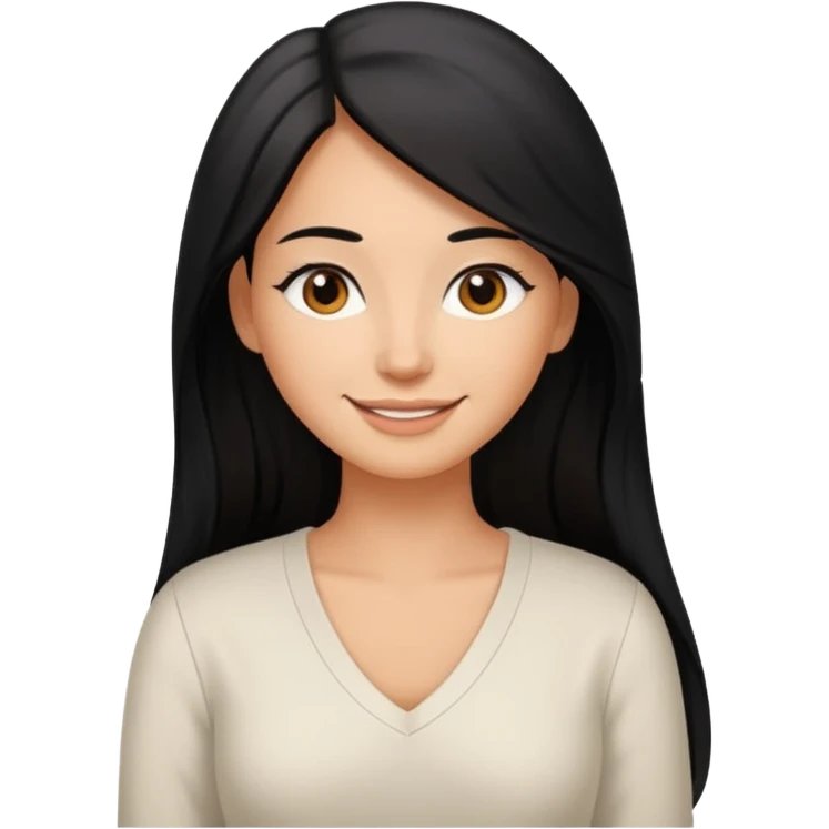 medium tan woman with long black hair past middle of back, round brwn eyes, white v neck blouse smiling. emoji