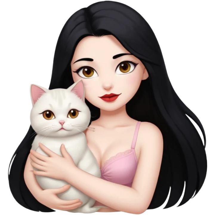Beautiful Girl Long Hair black, Brows Big , Skin White, bra Pale Pink , Big Red Lips, EyesCoffe , Big hug Little baby Persa Cream Cat With Cute Eyes emoji