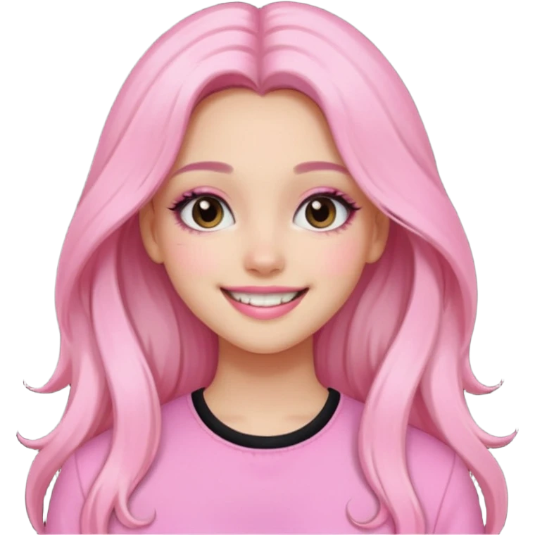 Girl with black and long hair with aesthetic clothes and with aesthetic makeup with a smile yes but with pink clothes emoji