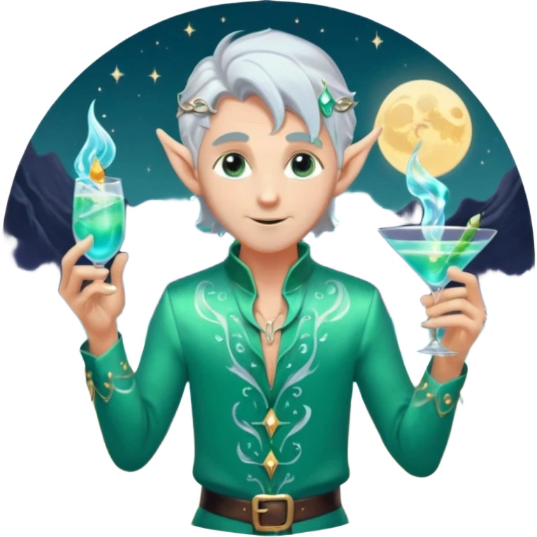 elf male bartender, flowing silver hair, pointy ears, unbuttoned iridescent silk shirt, summoning swirling glowing cocktail (teal and silver) in crystal flute with finger, moonlit beach backdrop, centered emoji, ethereal summer night, sticker style emoji