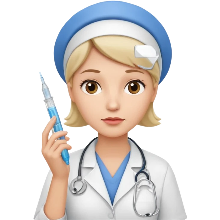 healthcare professional nurse holding a syringe in hand, doubtful expression, hand on chin, as if thinking emoji