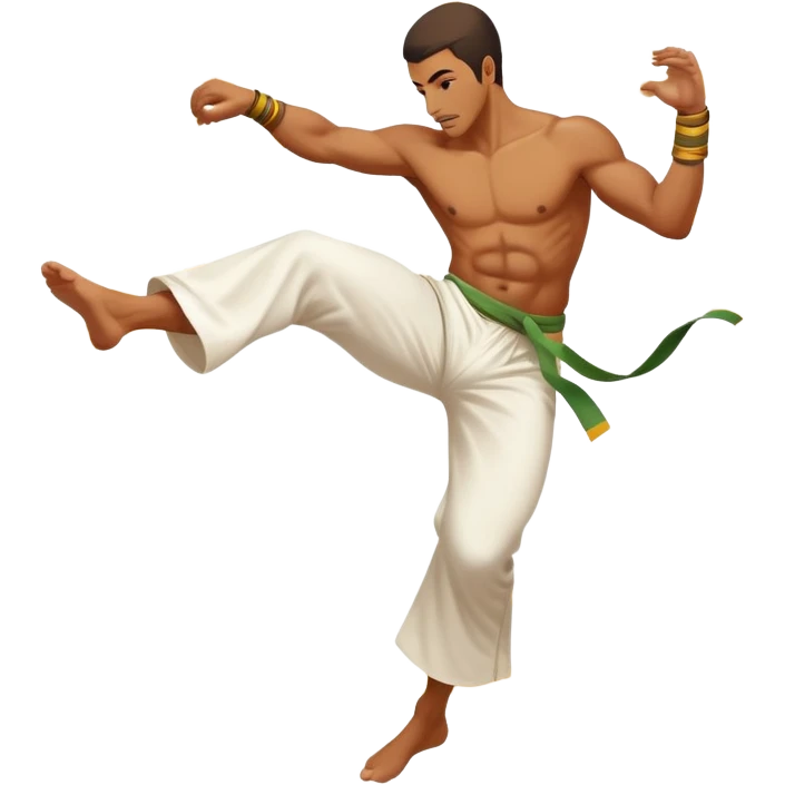 A Brazilian man as a capoeira fighter in mid-air performing a spinning kick, with Brazilian features, tan skin tone, wearing traditional white capoeira pants and a cord, vibrant and flowing pose, surrounded by motion swirls emoji