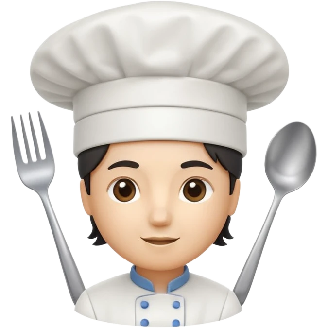 rounded square mobile app logo design, 3d icon of a chef's hat and a fork combined, subtle gradient, minimal soft blue background, flat design, clean, professional food service icon emoji