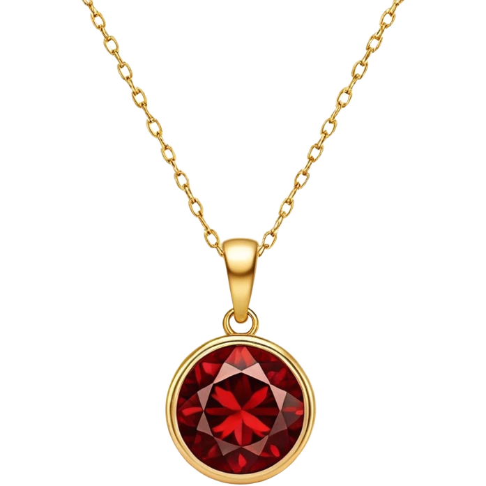 polished round red garnet pendant suspended from a delicate gold chain, glowing with warmth and power emoji