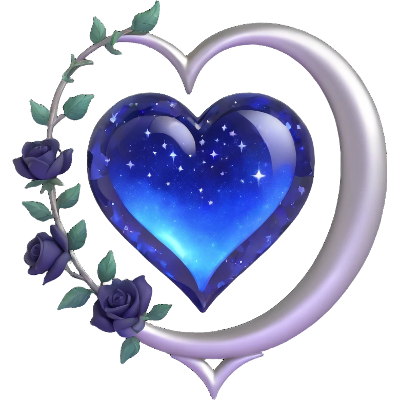 gothic heart made of midnight blue glass with a silver crescent moon, tiny black roses, shimmering stardust, magical glowing aura, silver sparkles emoji