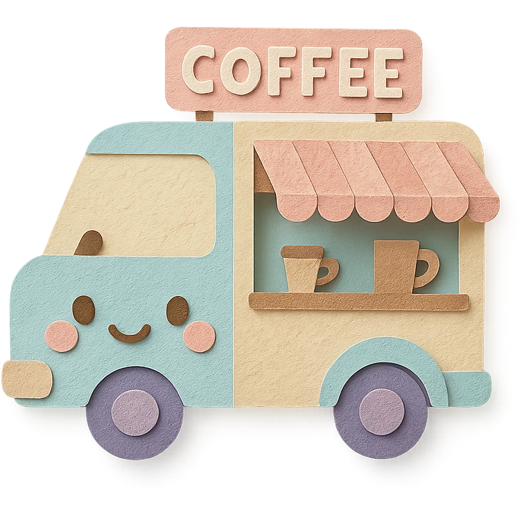 adorable mobile coffee truck, full body, pastel colors, kawaii face emoji