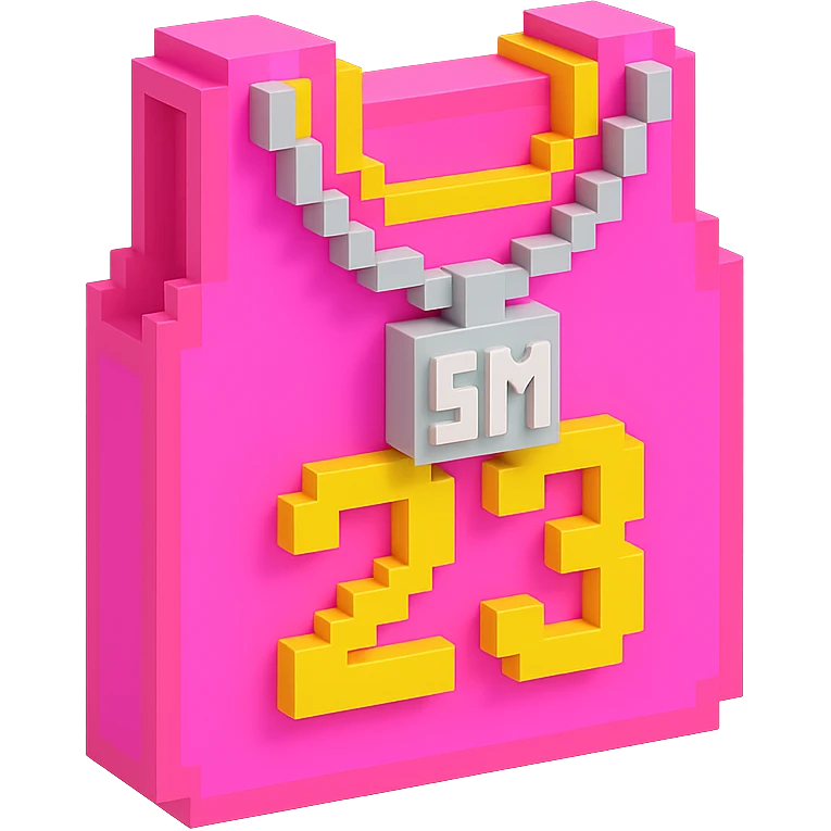 светящейся розовая баскетбольная майка с надписью "23" и серебряная цепь с надписью "SM", no background emoji