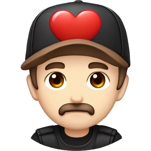 Chibi manga male with short brown hair and short brown beard and curve mustache and a black cap with a red heart twitch emote emoji