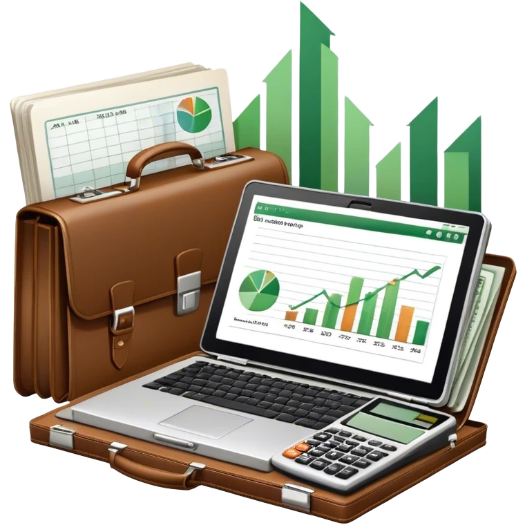 Icon for Business Reading: an open book with a graph and financial charts, a briefcase, a calculator, and a laptop nearby. The icon should represent the world of business, finance, and professional growth. Transparent background. emoji