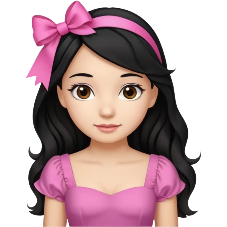 Beautiful girl with black hair in a half-up half-down hairstyle with pink ribbon tying the top half, waves at the ends, brown eyes, light skin, slight smile, and pink dress emoji