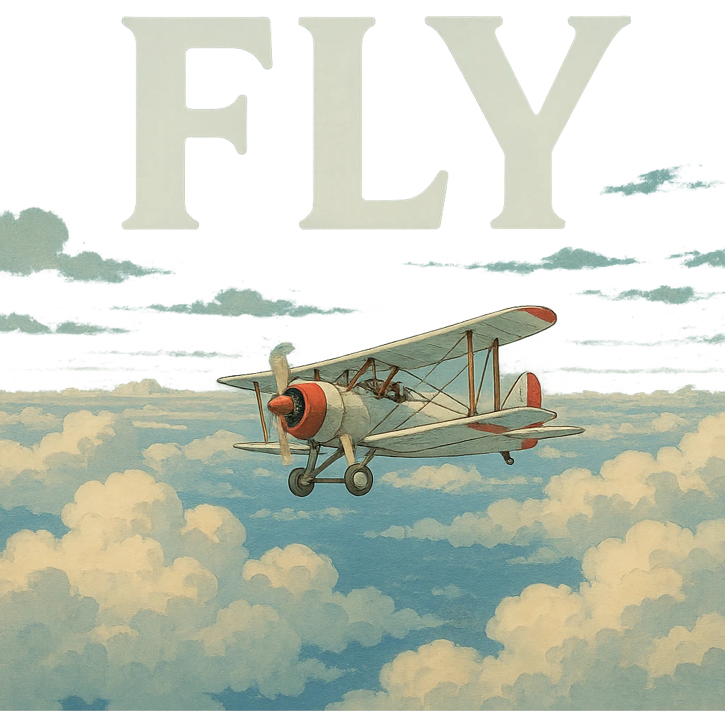ghibli style airplane soaring above clouds with a sense of vastness, large FLY text in the sky emoji