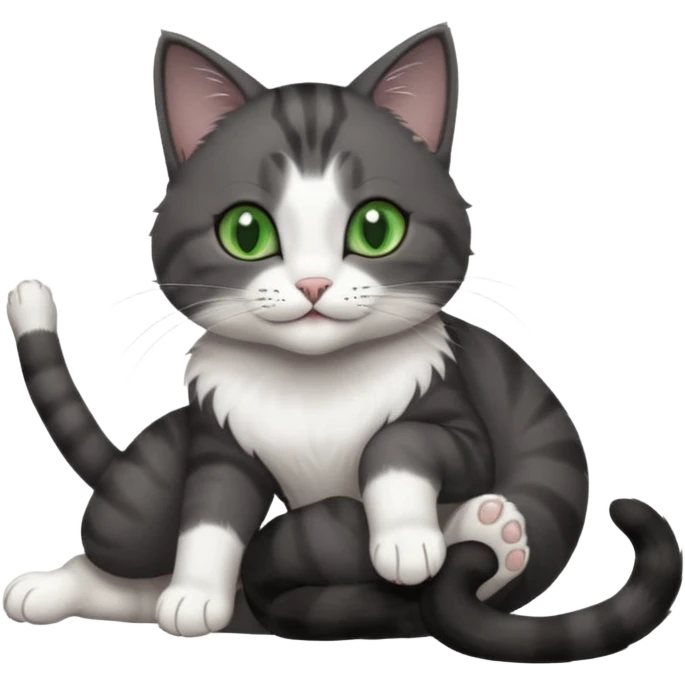 beautiful female solid dark grey cat with green eyes, white toes/paws and white patch on her chest rolling upside down emoji