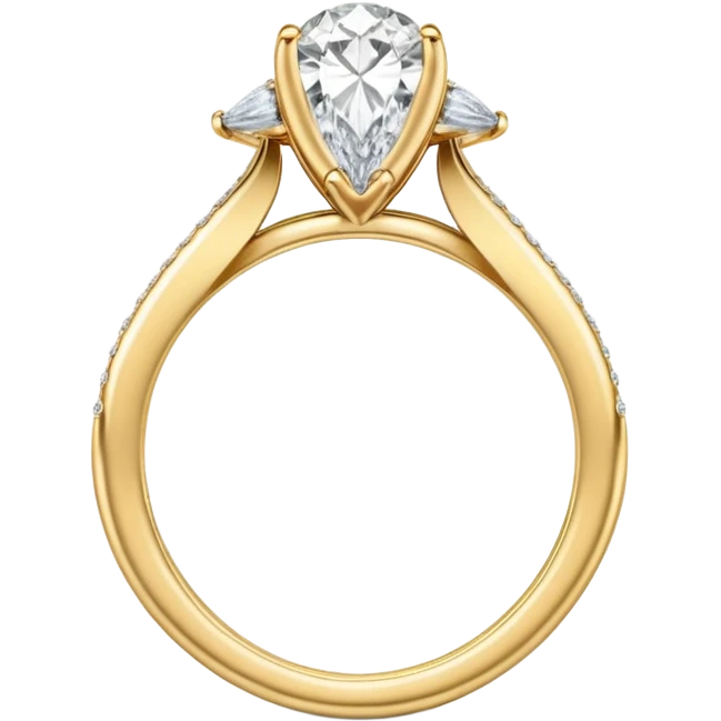 Pear cut engagement ring with the tip facing up, on a gold band with small round diamonds   emoji