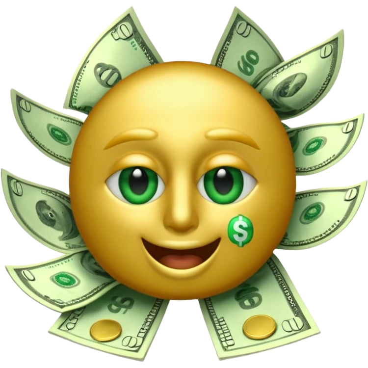3D glossy money emoji, dollar-sign eyes, cash flying out of mouth, seamless loop, centered, transparent background emoji