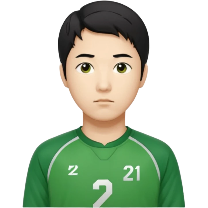 "Illustrate Cho Sang-woo (Player 218), Korean male, neat black hair, serious face, green tracksuit with number 218 bold on chest & sleeve.. emoji
