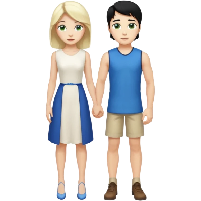 prince, standing upright, black Hair, blue eyes, garment,  woman, bending knee, sleveless white dress, blonde hair, green eyes, emoji