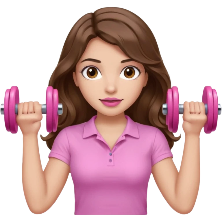 girl with wavy long brown hair, brown eyes, light to medium complexion, long lashes, light pink lipstick, wearing light pink shirt, lifting a pink dumbells emoji