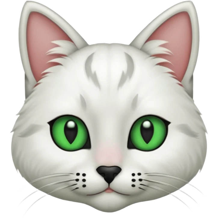 Haz una gata de ojos verdes la cara blanca con mancha negra en las orejas que agarra parte de la frente del lado der pero del iz va desde el ojo hasta la oreja la mancha, tiene la nariz negra en forma de corazón y todo lo que sobra de la cara, barbilla la nariz arriba y el lado de bigotes es blanca emoji