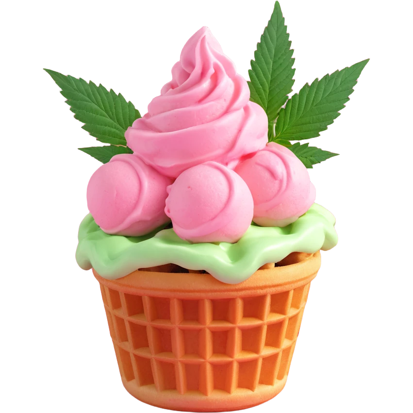 pink gelato in a waffle cup with cannabis leaf emoji