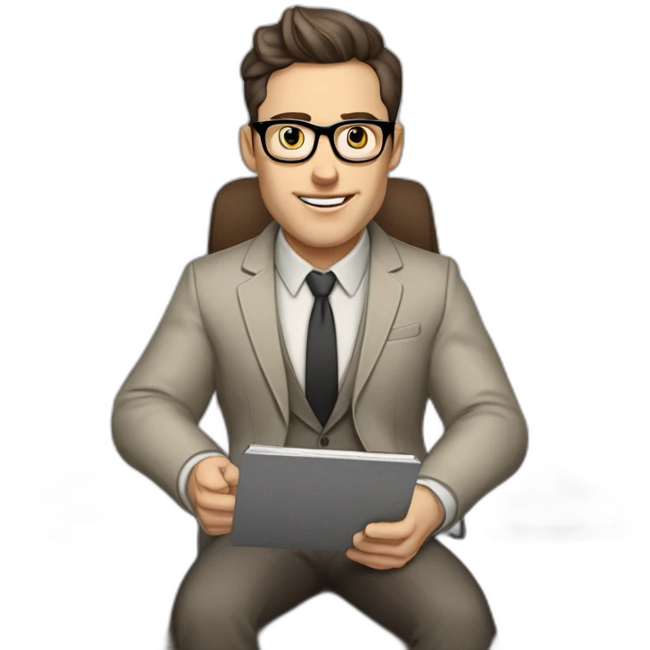 Pale skinned Fit Man With dark brown hair in gray jacket, beige office shirt, Brown pants and vintage glasses sitting In a soft chair with a notebook with emblem Ψ and a pen in his hands emoji