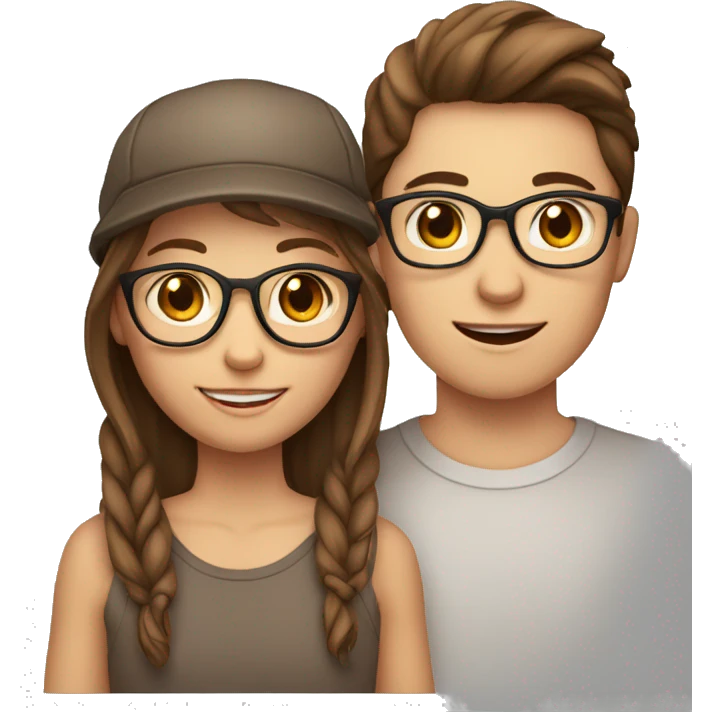 couple of teenagers, brothers with fair skin, brown hair, girl with glasses, and boy in a cap emoji