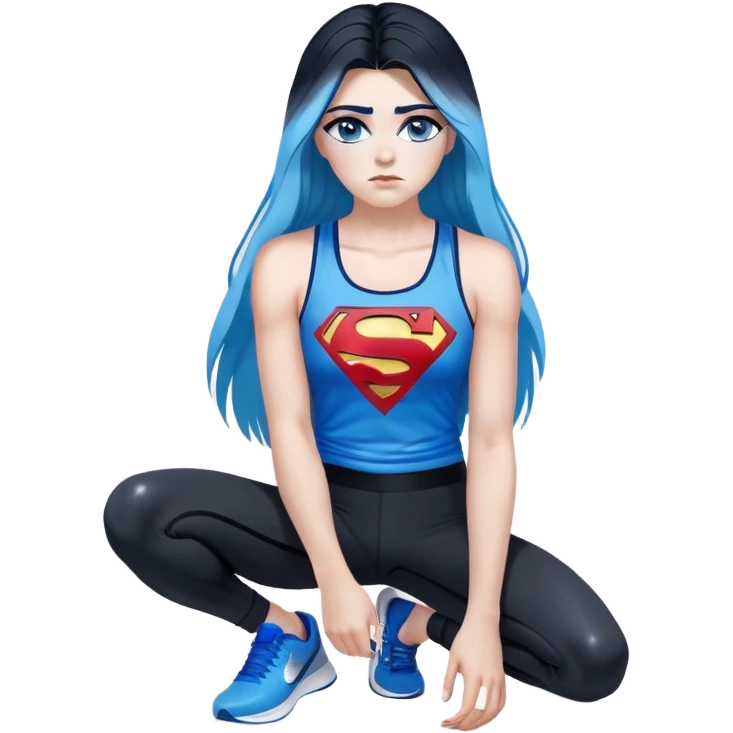 Shameful disappointed crying-very very very very big chest-texting on a samsung cell phone-very long straight flowing black to sky blue hair ombre-blue eyes-black eyeliner-long eyelashes-plastic sparkling sky blue very low cut tank top with sparkling superman logo-black leggings-nike sneakers emoji